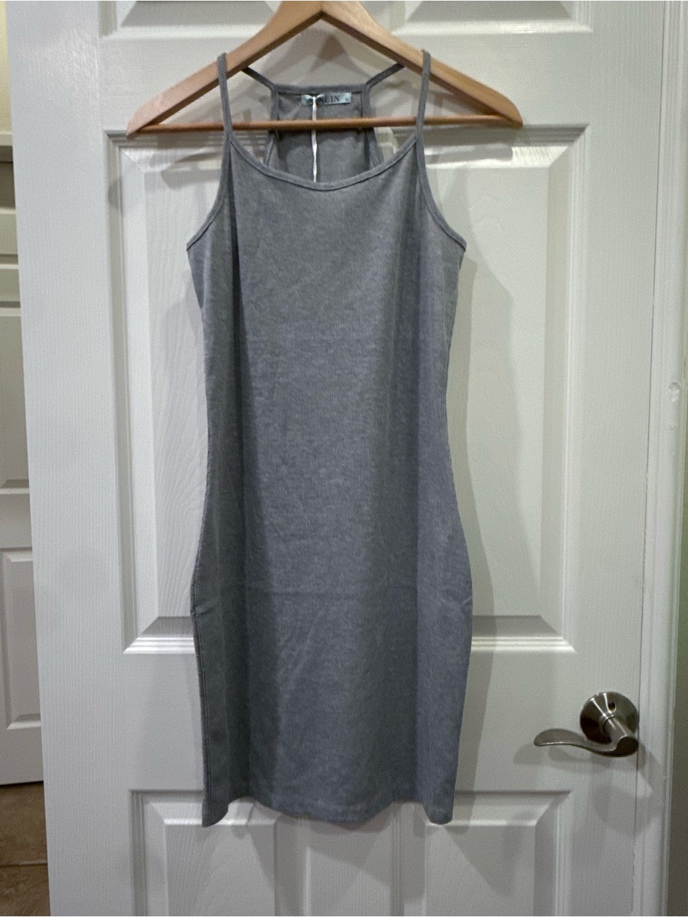 Sleeveless Gray Midi Slip Dress with Spaghetti Straps